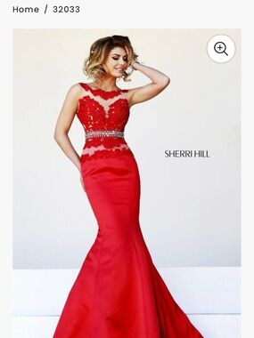 Sherri Hill Red Lace Appliqué Mermaid Prom Gown with Jeweled Waist